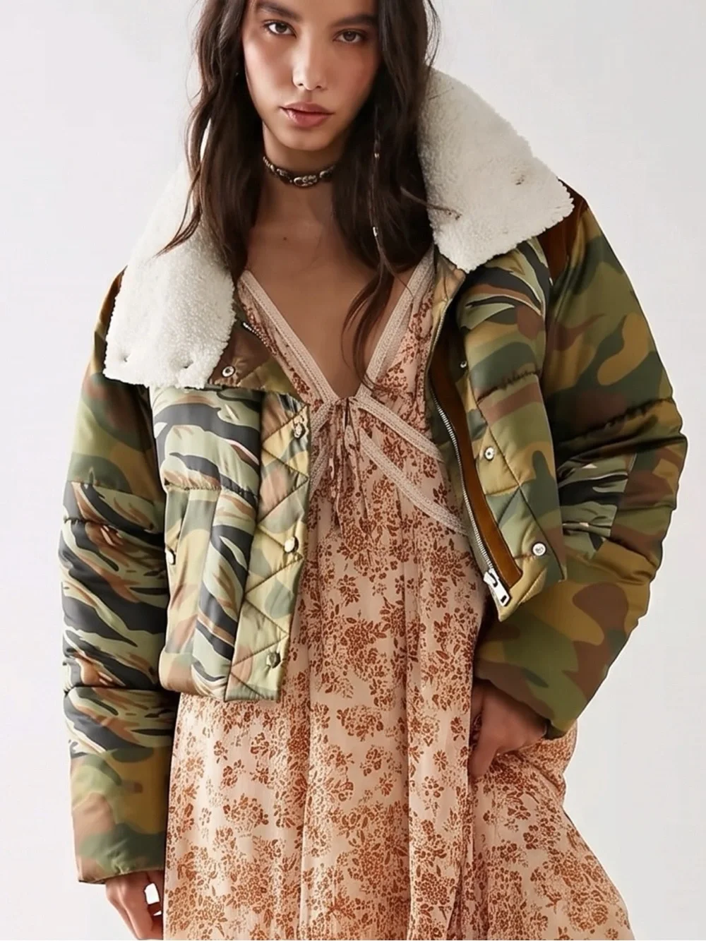 Free People Bohemian Patchwork Camo Cordury West Coast Puffer Jacket Size Large